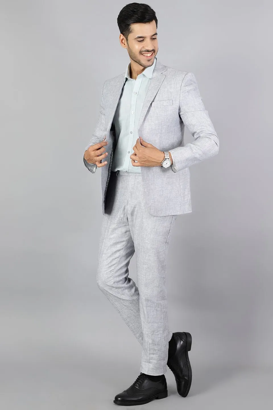 Men Linen Silver 2 Piece Suit