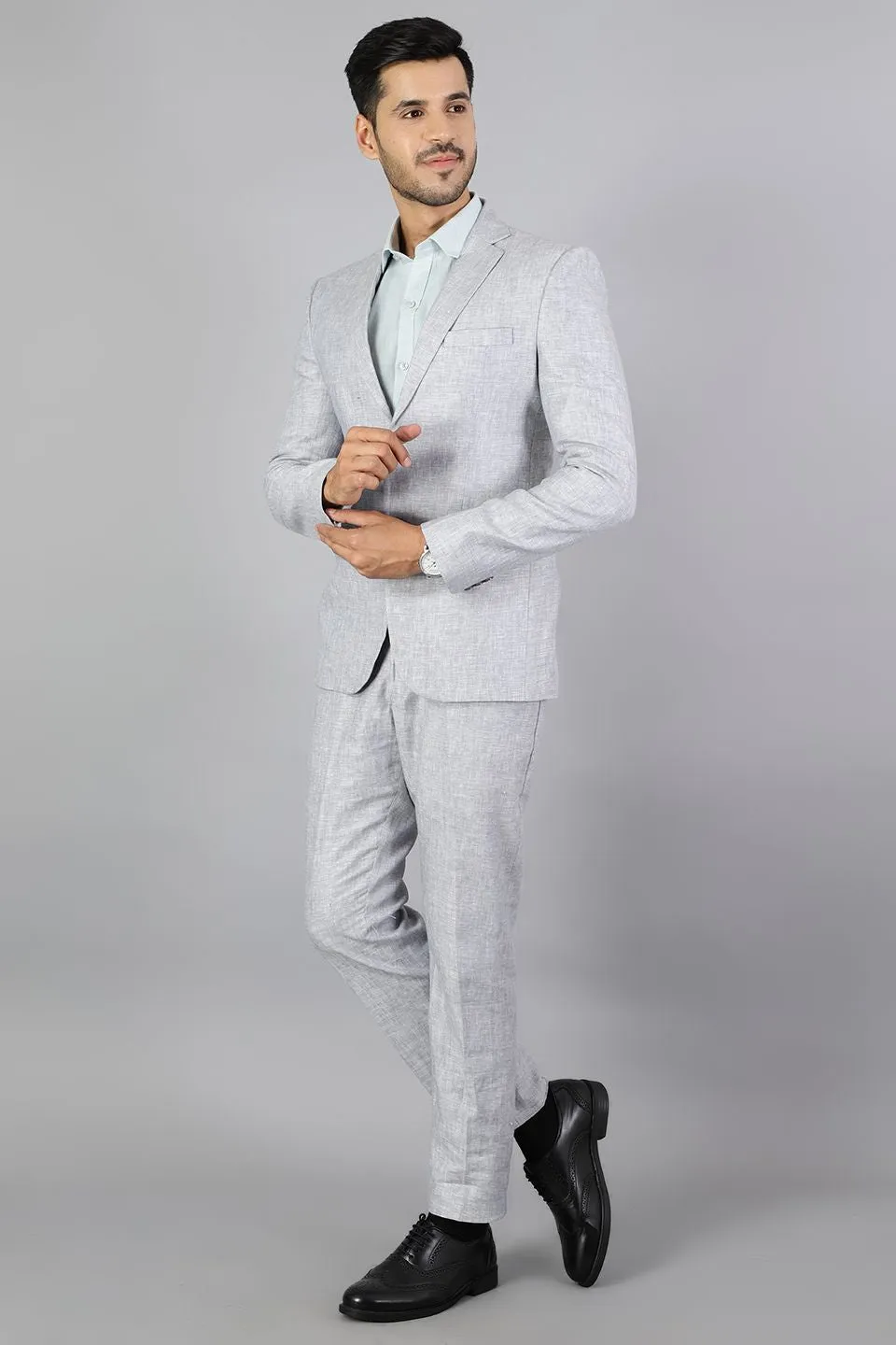 Men Linen Silver 2 Piece Suit
