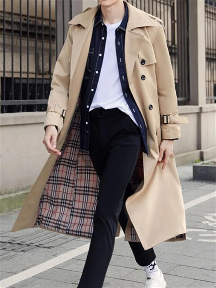 Men's Double-Breasted Lapel Gentleman Business Casual Long Trench Coat