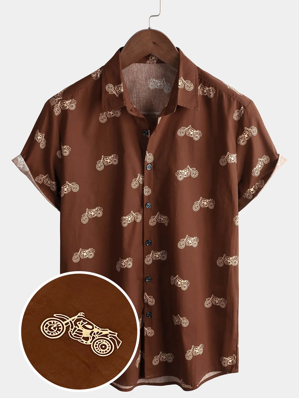 Men's Motorcycle Print Button Brown Holiday Cotton Short Sleeve Shirt