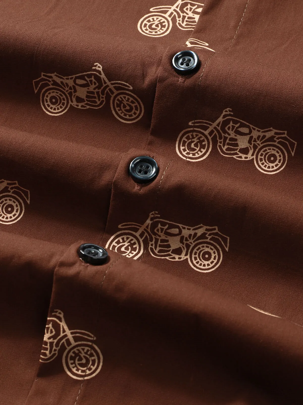 Men's Motorcycle Print Button Brown Holiday Cotton Short Sleeve Shirt