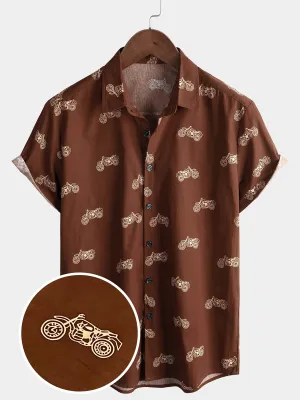 Men's Motorcycle Print Button Brown Holiday Cotton Short Sleeve Shirt