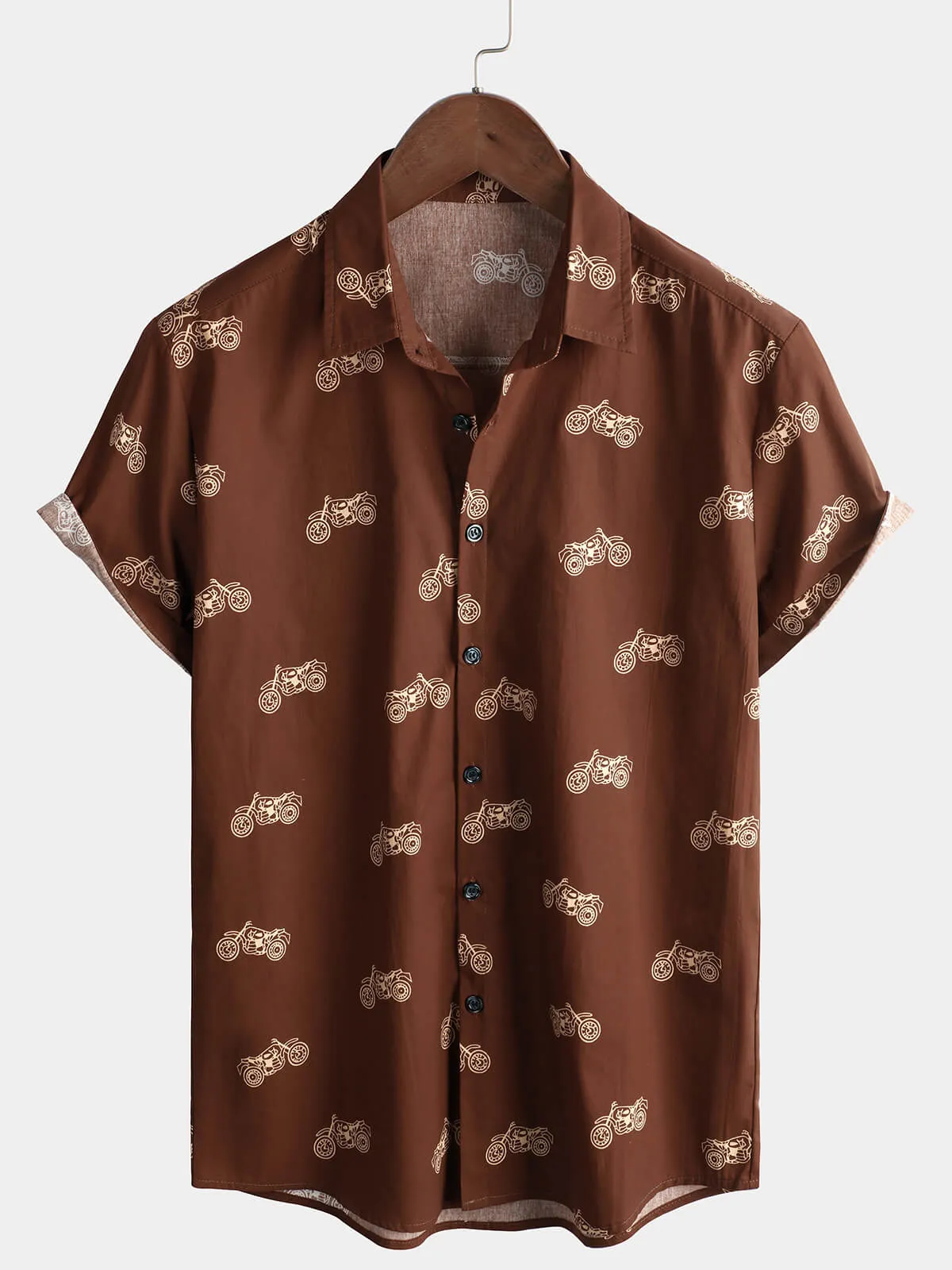 Men's Motorcycle Print Button Brown Holiday Cotton Short Sleeve Shirt