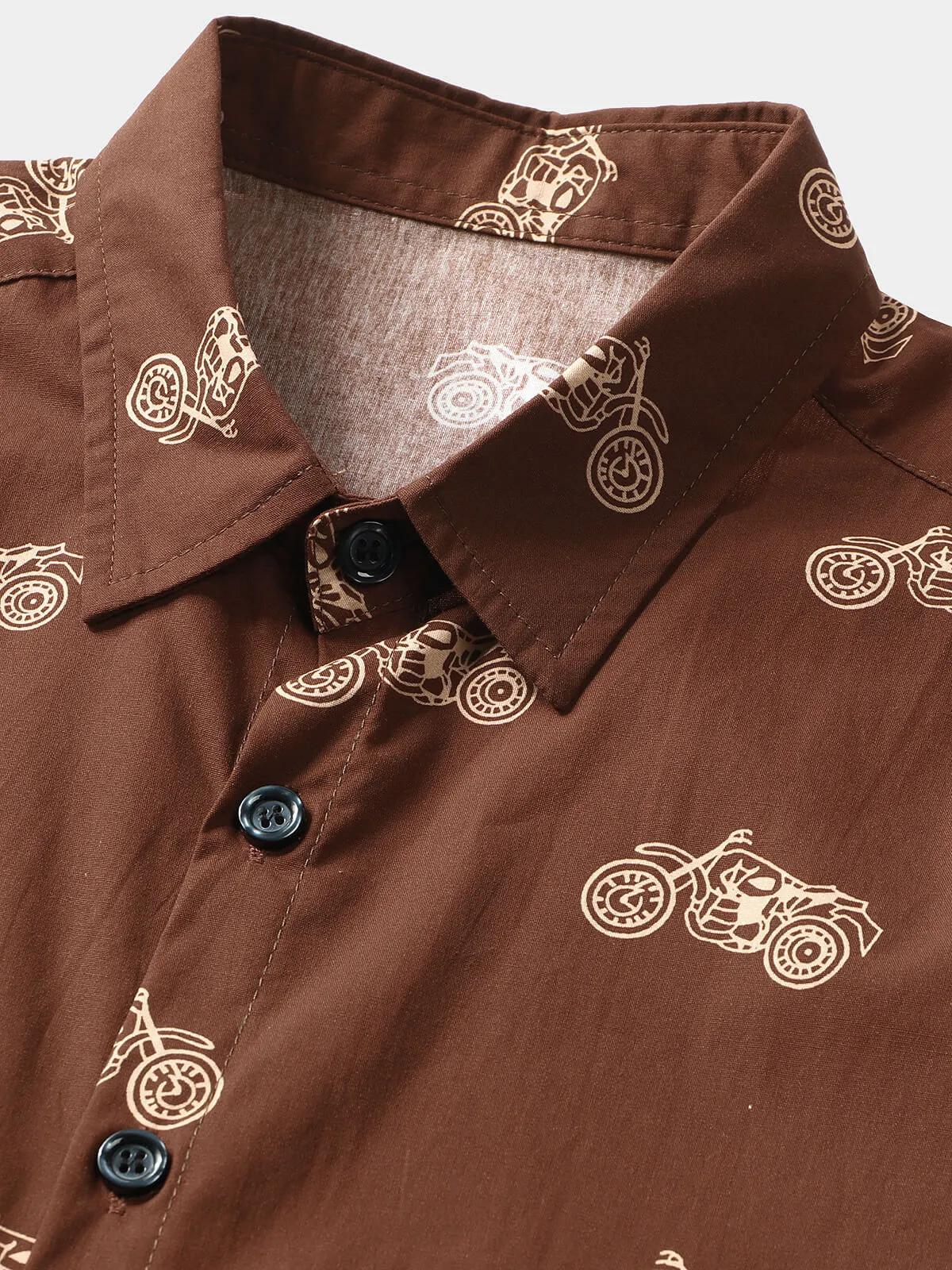 Men's Motorcycle Print Button Brown Holiday Cotton Short Sleeve Shirt