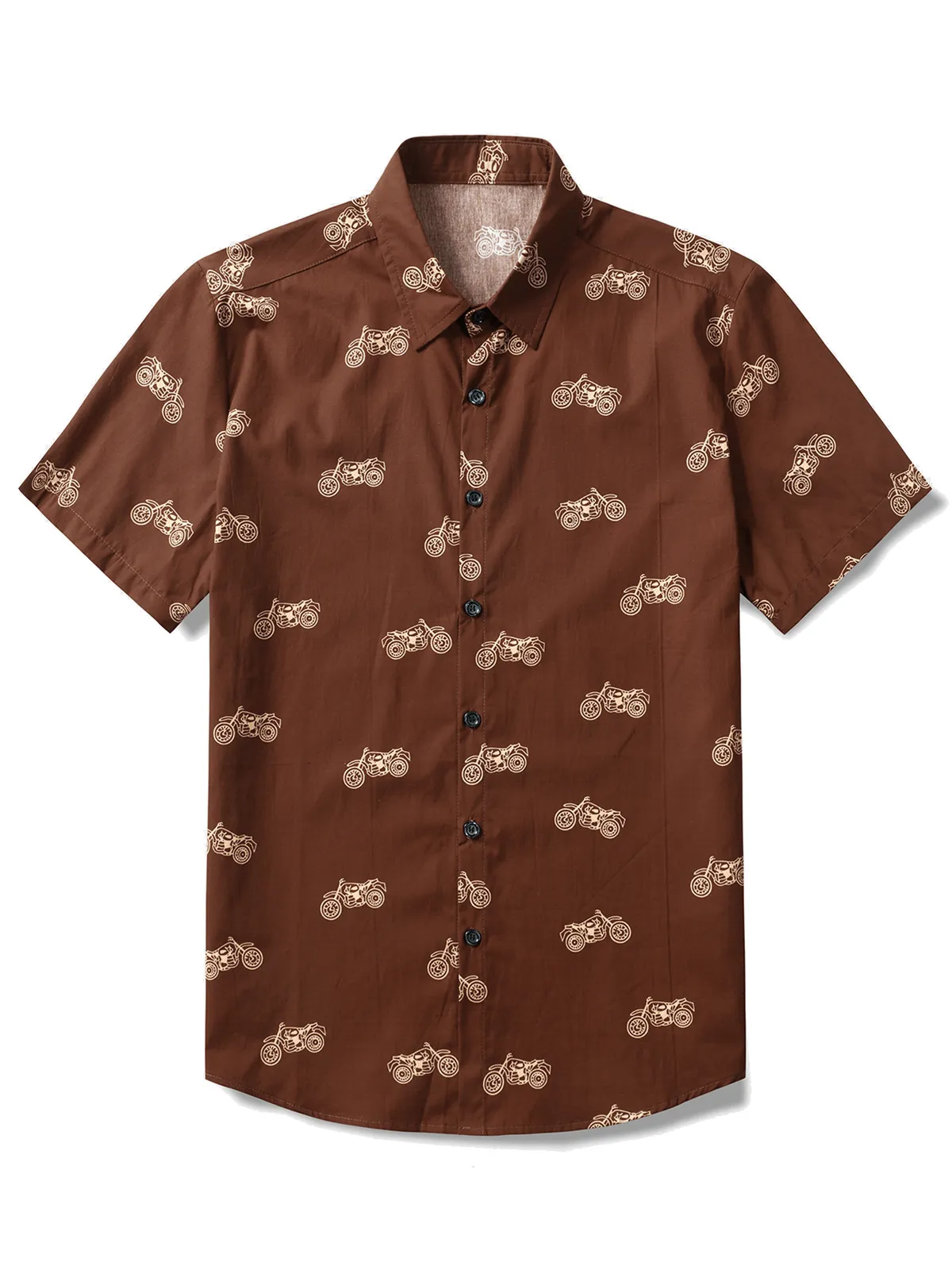 Men's Motorcycle Print Button Brown Holiday Cotton Short Sleeve Shirt