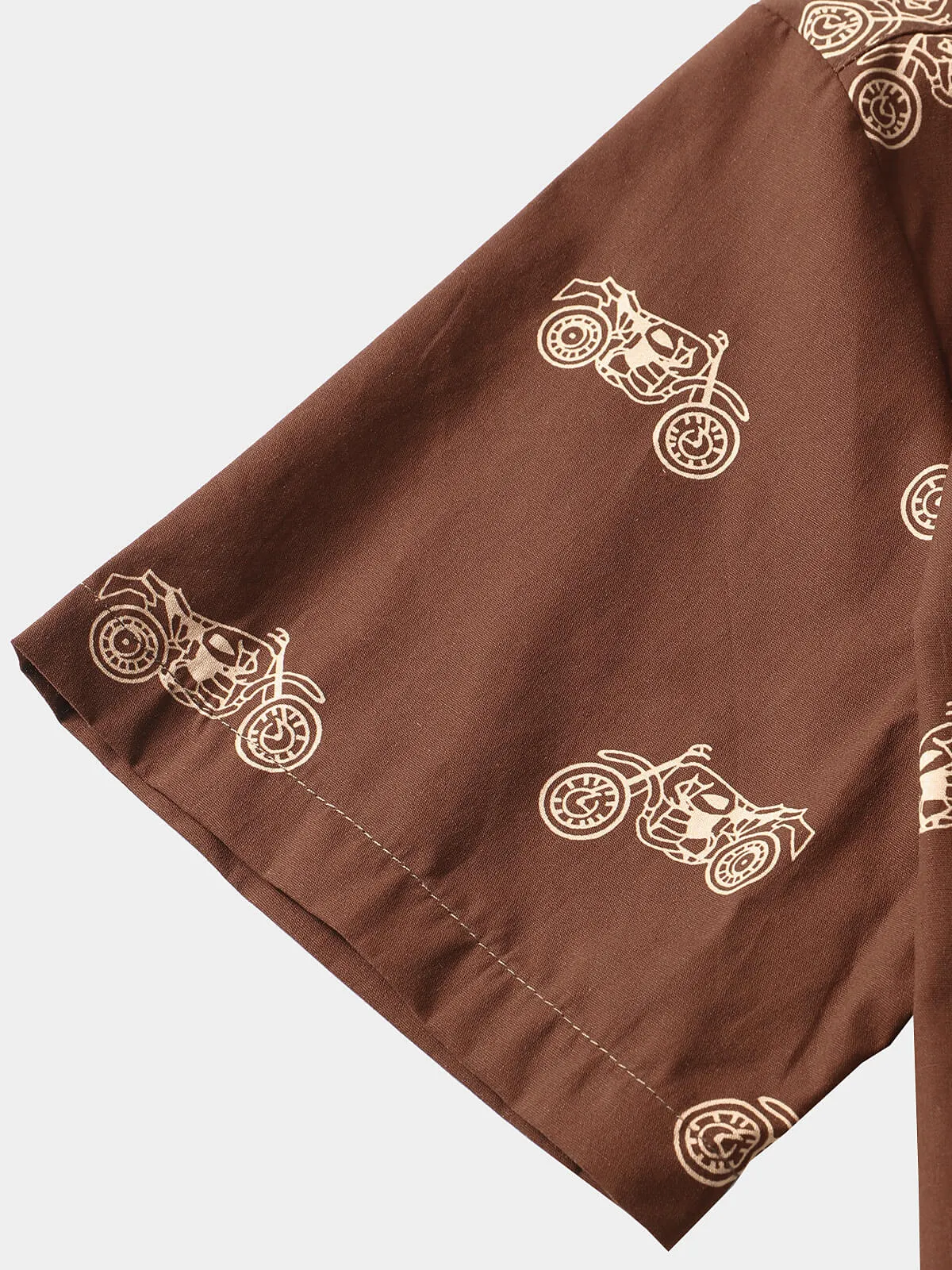 Men's Motorcycle Print Button Brown Holiday Cotton Short Sleeve Shirt