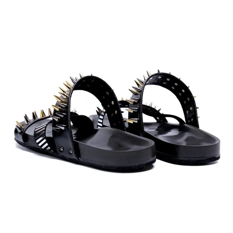 Mens Real Leather Roman Slides Rivet Punk Slippers