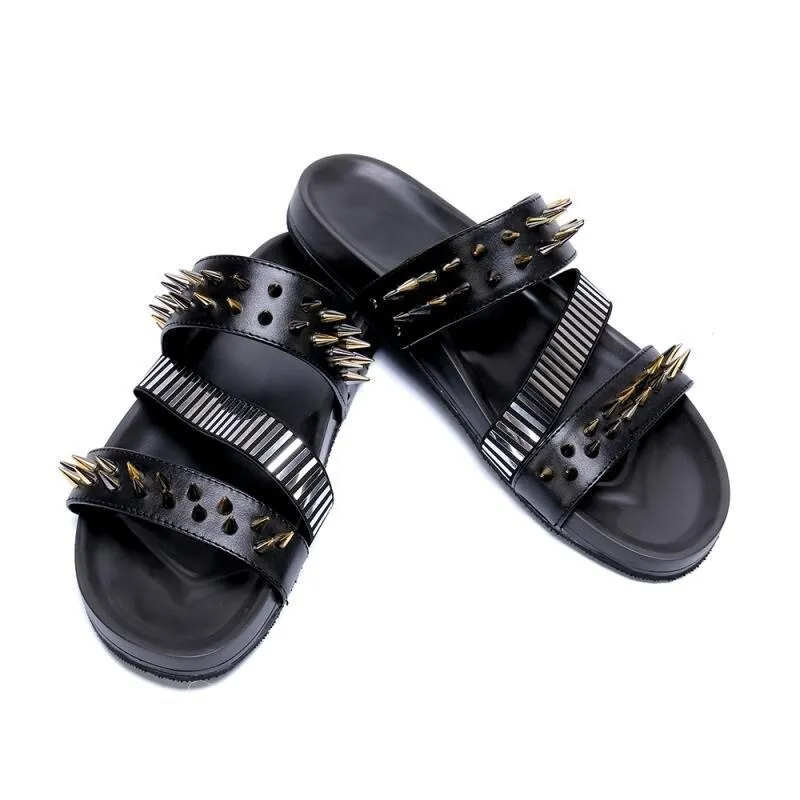 Mens Real Leather Roman Slides Rivet Punk Slippers