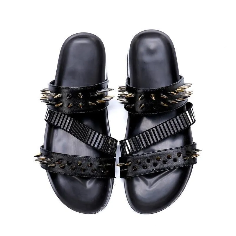 Mens Real Leather Roman Slides Rivet Punk Slippers