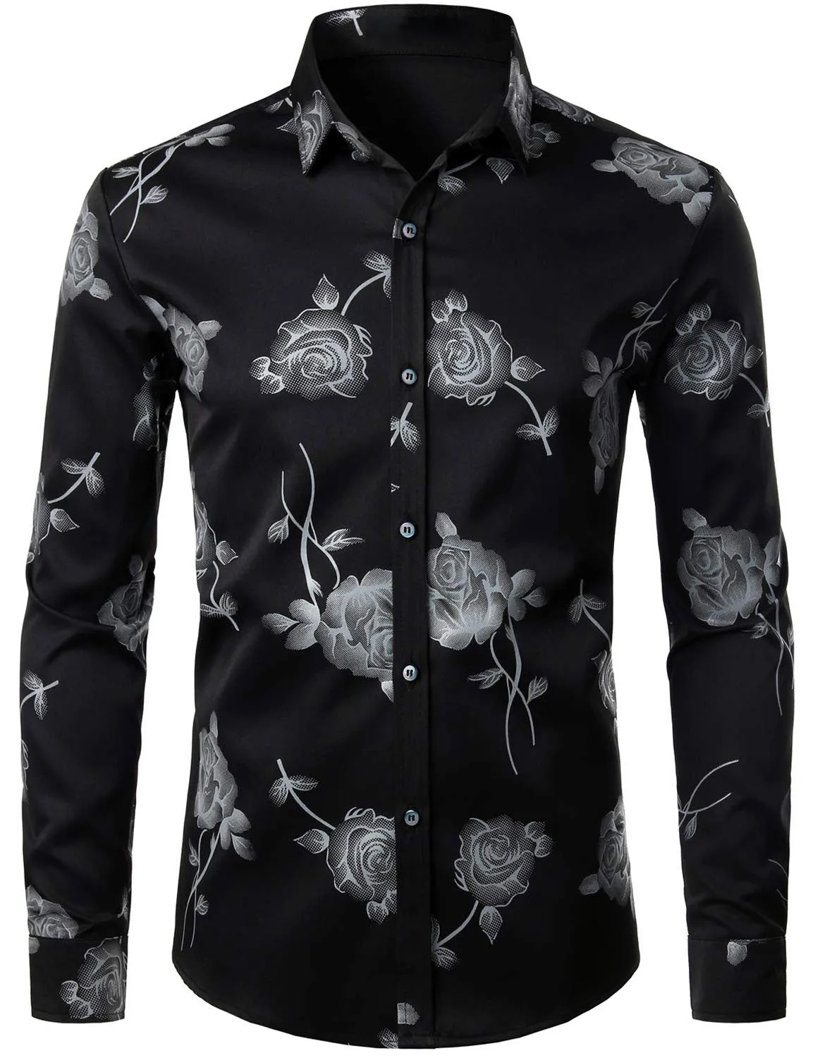 Men's Rose Floral Print Button Up Casual Long Sleeve Dress Shirt