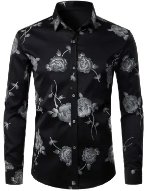 Men's Rose Floral Print Button Up Casual Long Sleeve Dress Shirt