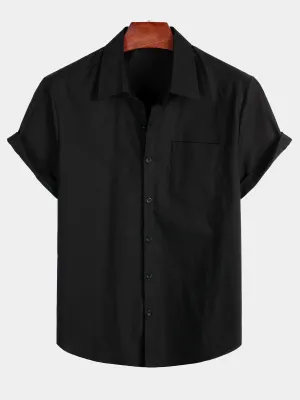 Men's Solid Color Linen Cotton Pocket Casual Button Short Sleeve Shirt