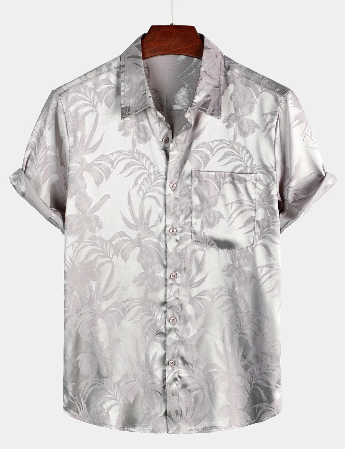 Men's Summer Jacquard Casual Elegant Button Up Pocket Short Sleeve Beach Shirt
