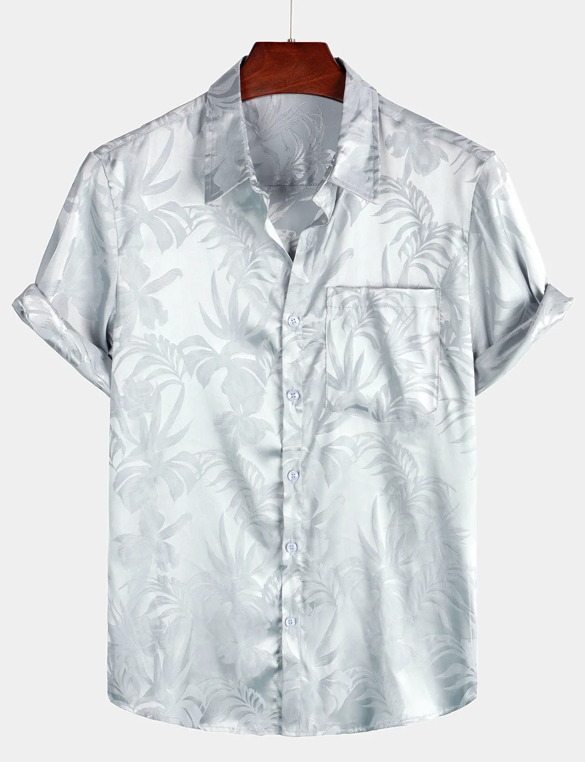 Men's Summer Jacquard Casual Elegant Button Up Pocket Short Sleeve Beach Shirt