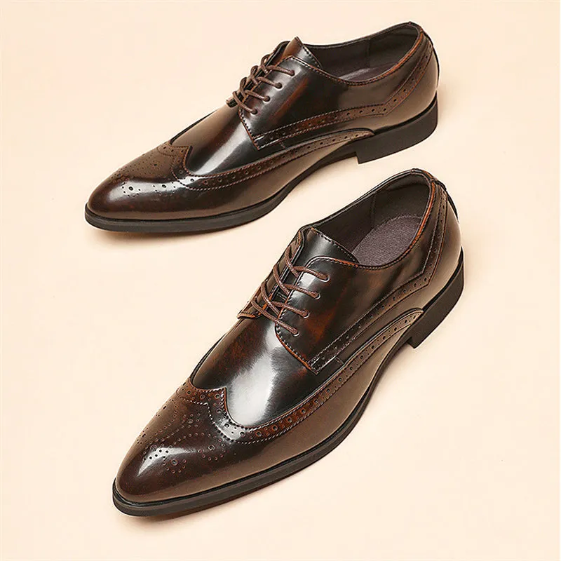 Men's Vintage Pointed Toe Shiny Carved Brogue Dress Shoes