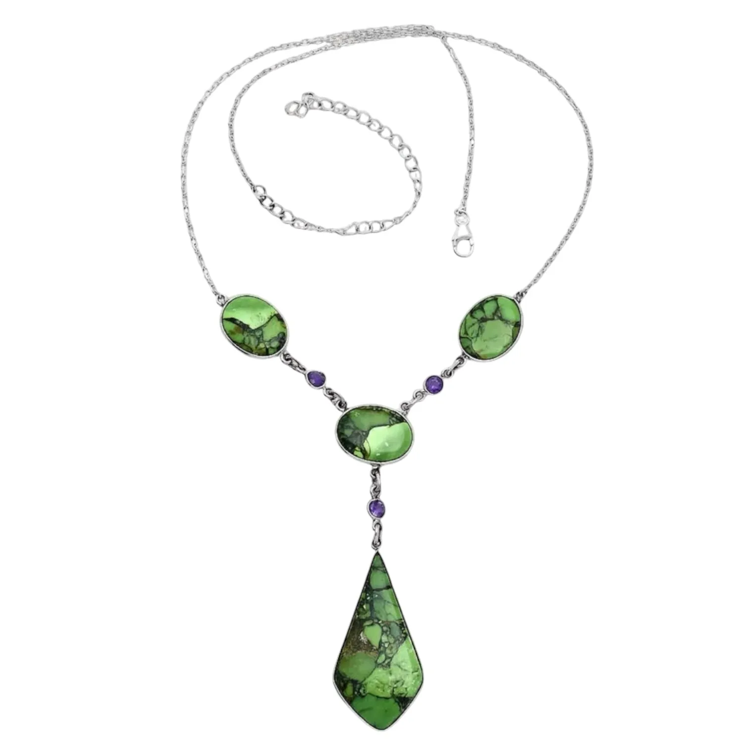 Mojave Green Turquoise & Amethyst Solid 925 Sterling Silver Necklace