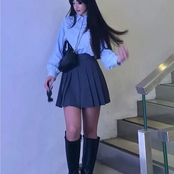 Navy blue zip pleaded mini skirt high waisted