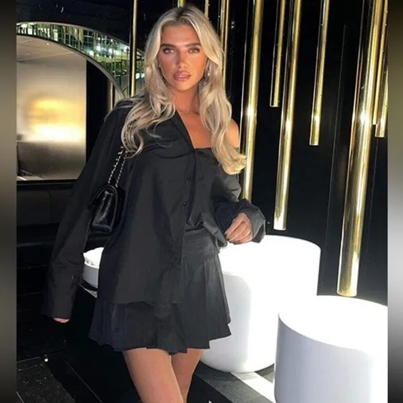 Navy blue zip pleaded mini skirt high waisted