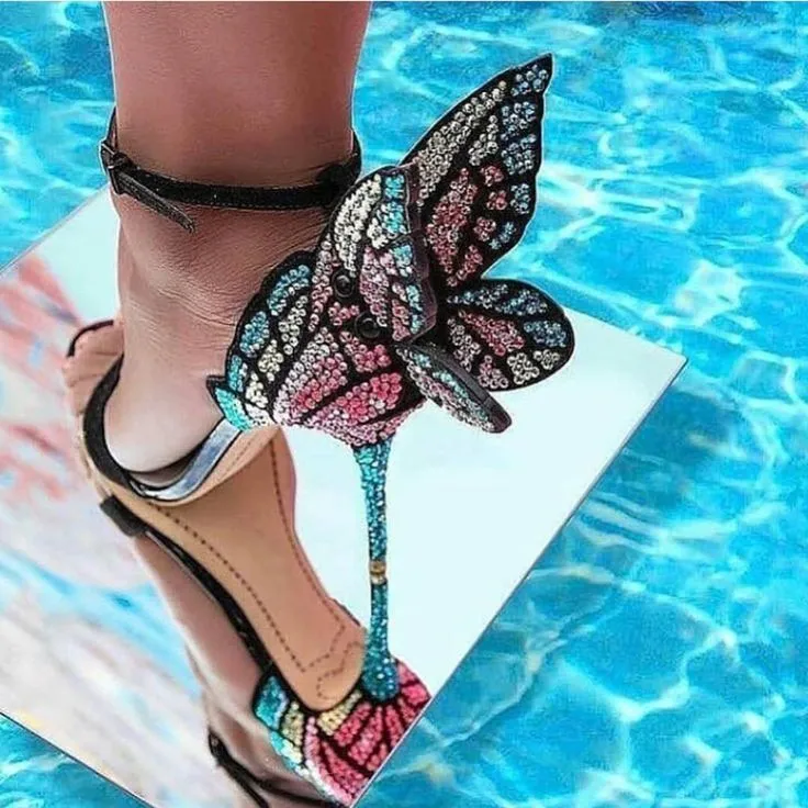 New Arrivals Multicolor Rhinestone Sandals Female Shoes Luxury Crystals Heel Butterfly Sandals High Heel Bridal Party Shoes