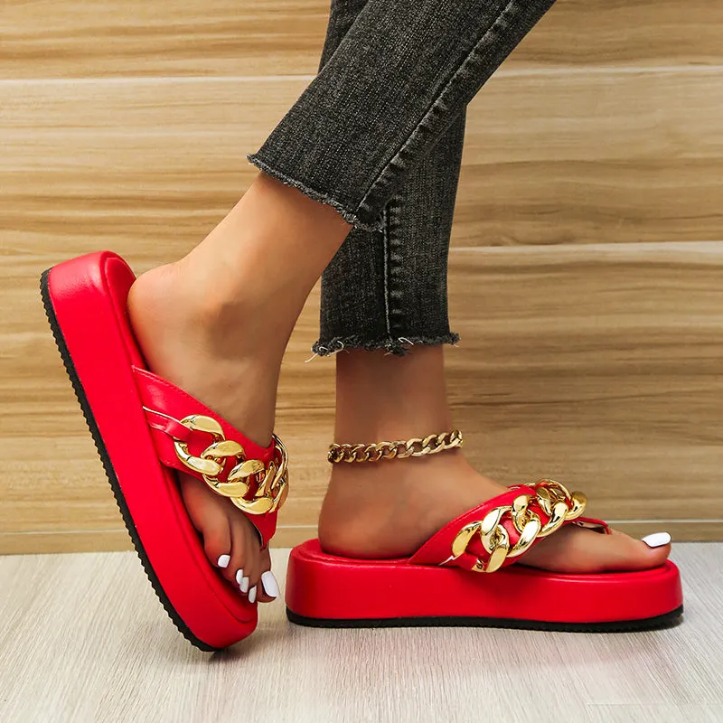New Fashion Chain Flip-flops Flat Platform Slippers