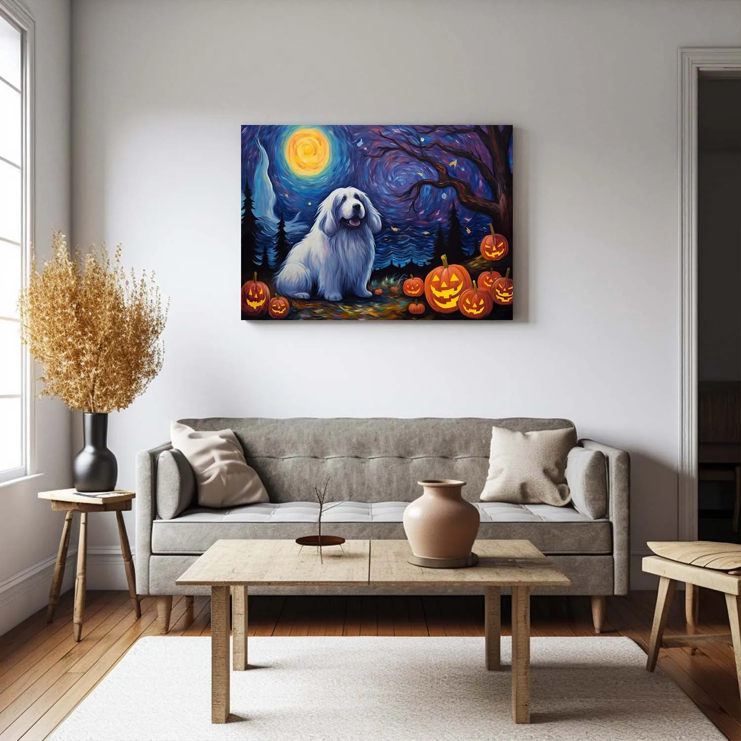 Newfoundland Dog Halloween With Pumpkin Oil Painting Van Goh Style, Wooden Canvas Prints Wall Art Painting , Canvas 3d Art