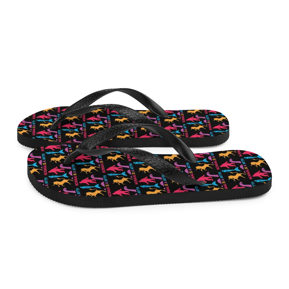 Normal is a Myth (Bigfoot, Mermaid, Unicorn & Loch Ness Monster Pattern) Flip-Flops