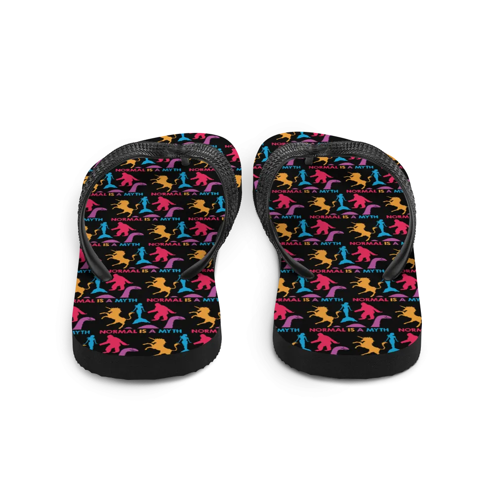 Normal is a Myth (Bigfoot, Mermaid, Unicorn & Loch Ness Monster Pattern) Flip-Flops