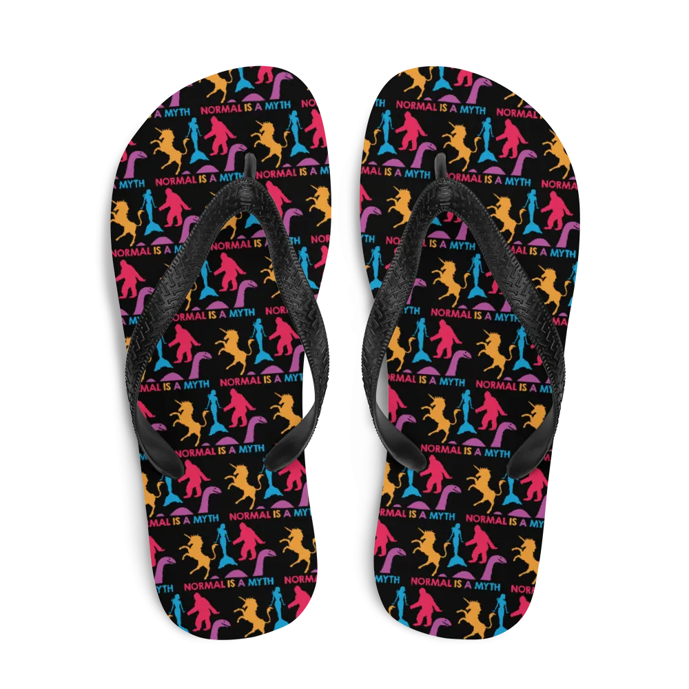 Normal is a Myth (Bigfoot, Mermaid, Unicorn & Loch Ness Monster Pattern) Flip-Flops