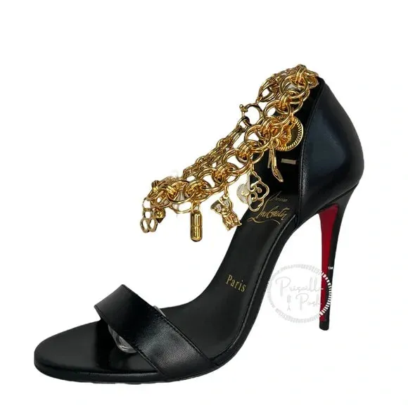 NWB Christian Louboutin Black Leather Open Toe Gold Charm Ankle Strap Sandals 36