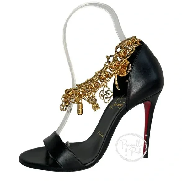 NWB Christian Louboutin Black Leather Open Toe Gold Charm Ankle Strap Sandals 36