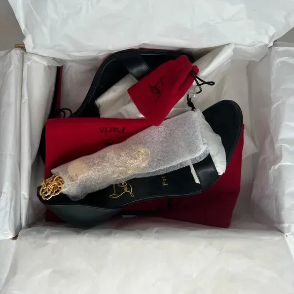 NWB Christian Louboutin Black Leather Open Toe Gold Charm Ankle Strap Sandals 36