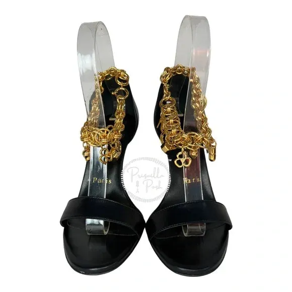 NWB Christian Louboutin Black Leather Open Toe Gold Charm Ankle Strap Sandals 36