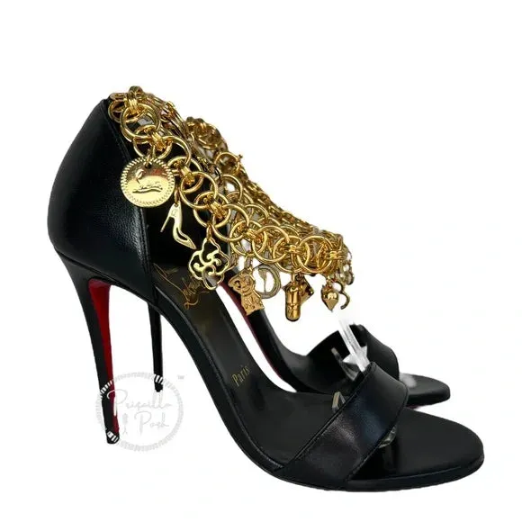 NWB Christian Louboutin Black Leather Open Toe Gold Charm Ankle Strap Sandals 36
