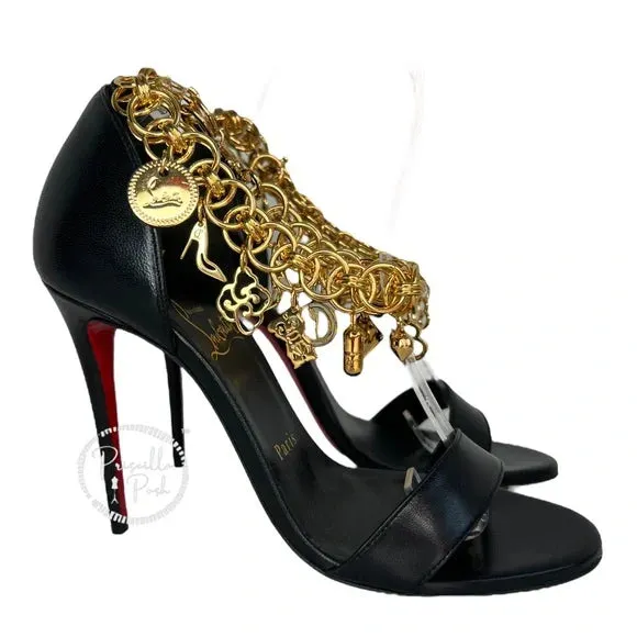 NWB Christian Louboutin Black Leather Open Toe Gold Charm Ankle Strap Sandals 36