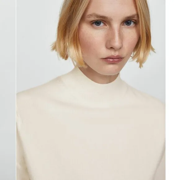NWT MANGO Perkins Neck Knitted Sweater Ecru Office Basics Mock Neck Cropped S