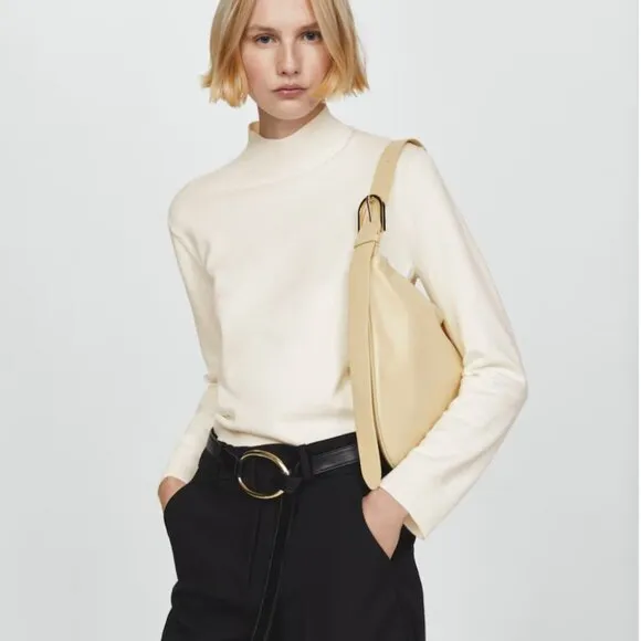 NWT MANGO Perkins Neck Knitted Sweater Ecru Office Basics Mock Neck Cropped S