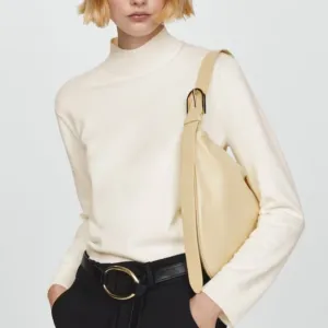 NWT MANGO Perkins Neck Knitted Sweater Ecru Office Basics Mock Neck Cropped S