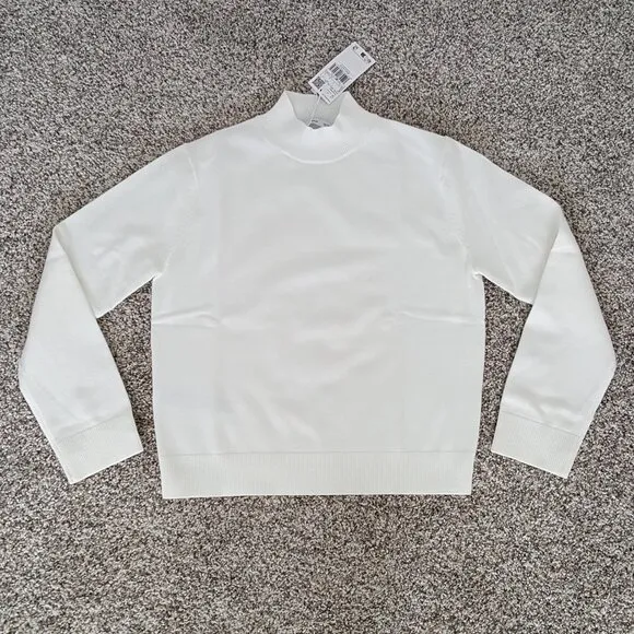 NWT MANGO Perkins Neck Knitted Sweater Ecru Office Basics Mock Neck Cropped S