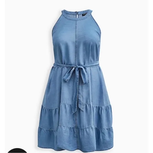 NWT! Torrid High Neck Tiered Mini Dress - Chambray Blue - 1X