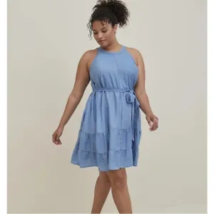 NWT! Torrid High Neck Tiered Mini Dress - Chambray Blue - 1X