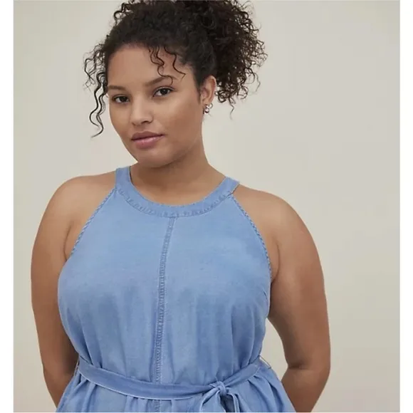 NWT! Torrid High Neck Tiered Mini Dress - Chambray Blue - 1X