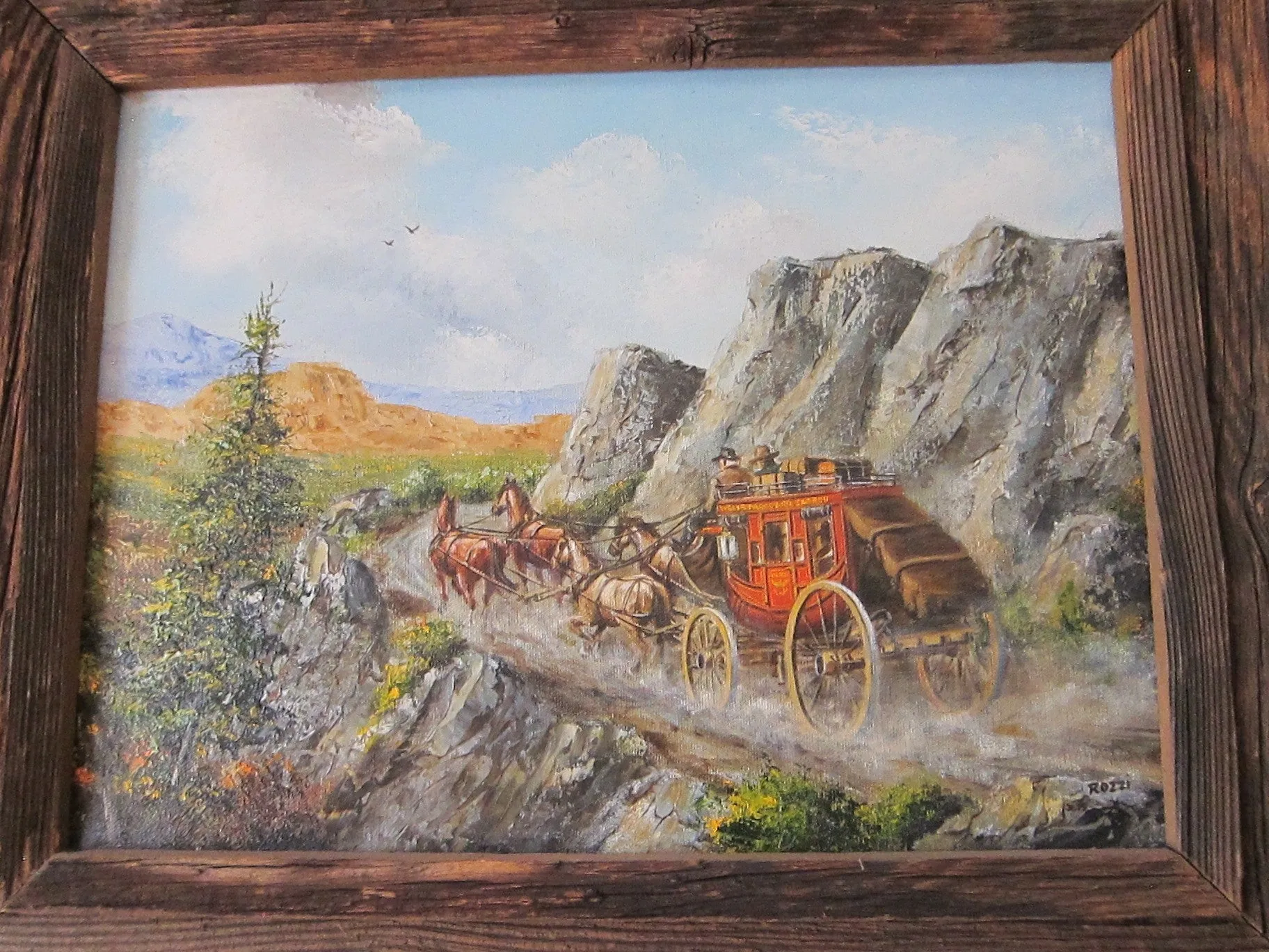 Oil Painting, Western Art, Jim Rozzi Wells Fargo Stagecoach "Low Gear Road"