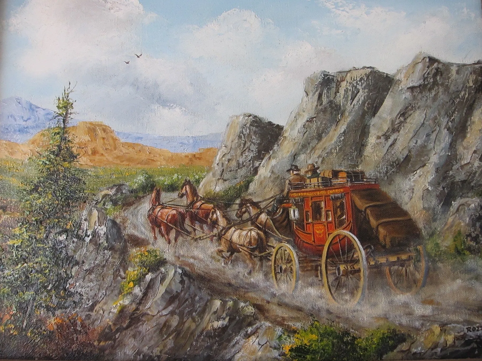 Oil Painting, Western Art, Jim Rozzi Wells Fargo Stagecoach "Low Gear Road"