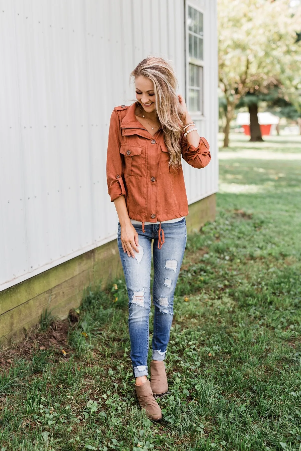 One Thing Right Lightweight Zip Up Jacket- Rust