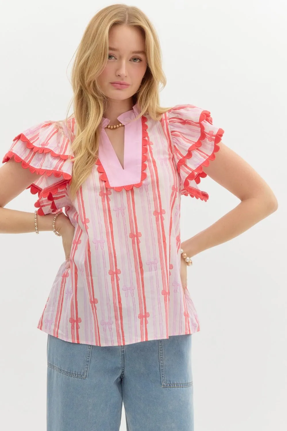 Pink & Red Ruffle Sleeve Bow Shirt