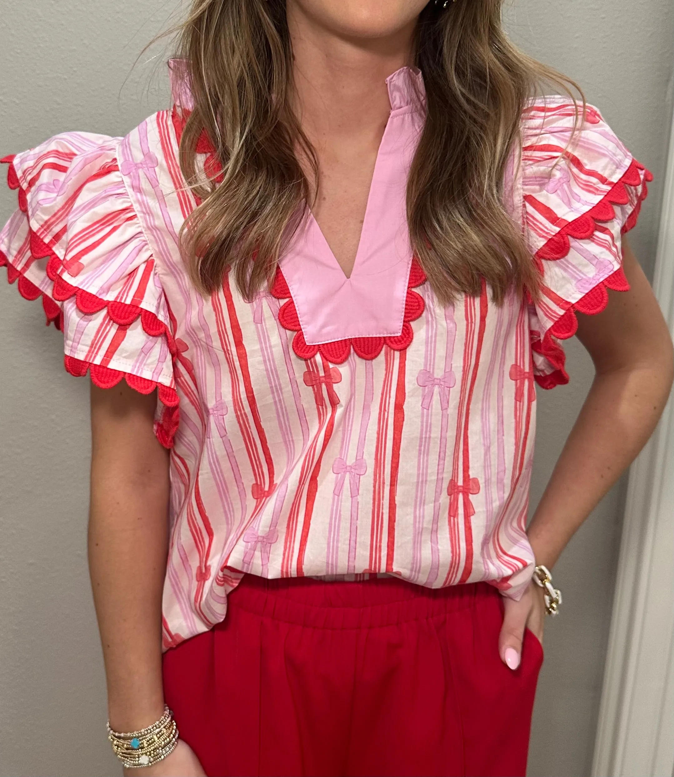 Pink & Red Ruffle Sleeve Bow Shirt