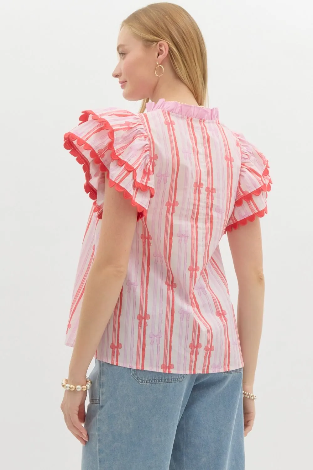 Pink & Red Ruffle Sleeve Bow Shirt