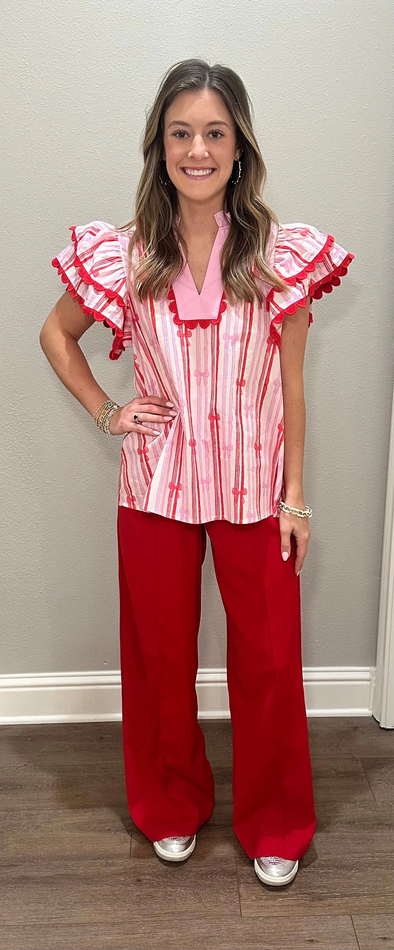 Pink & Red Ruffle Sleeve Bow Shirt
