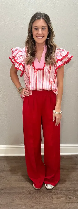 Pink & Red Ruffle Sleeve Bow Shirt