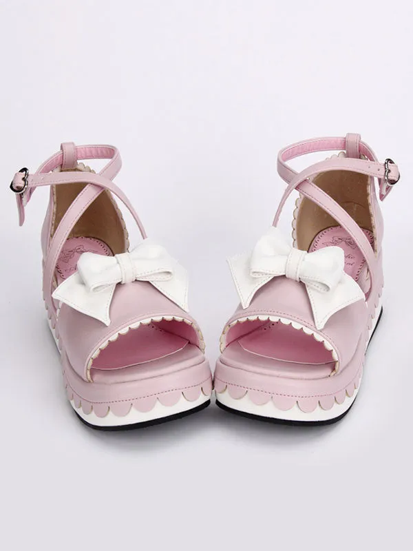 Pink Lolita Platform Sandals White Bows Ankle Straps Heart Shape Buckle
